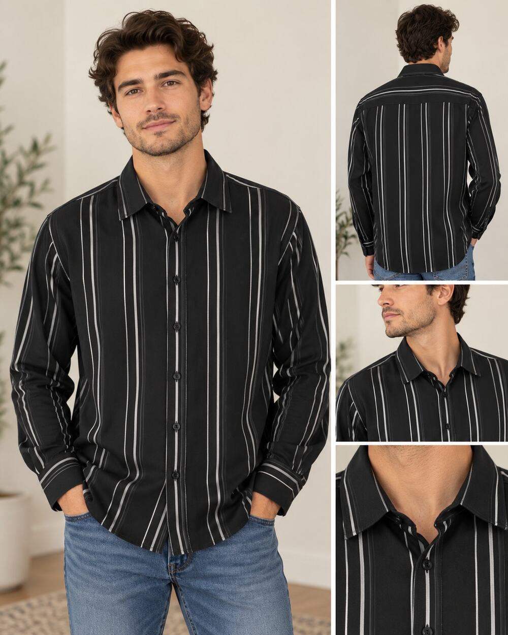 INC International Concepts Black White/Gray Striped Stretch Button Down Shirt